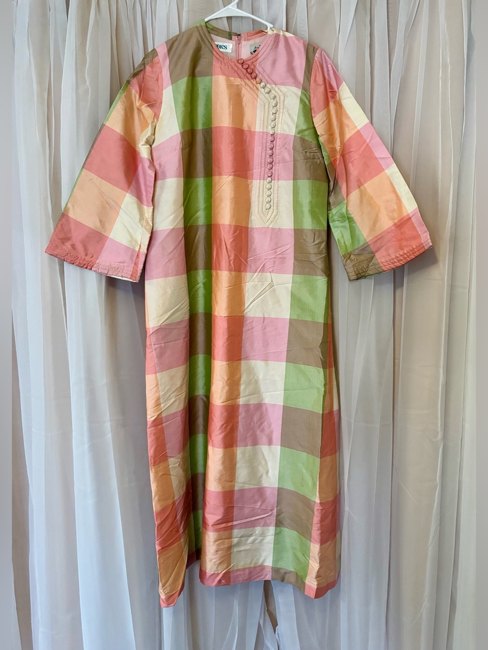 Rare Vintage 1960 Siamese Trader Size S Dress Pastel Plaid Silk
